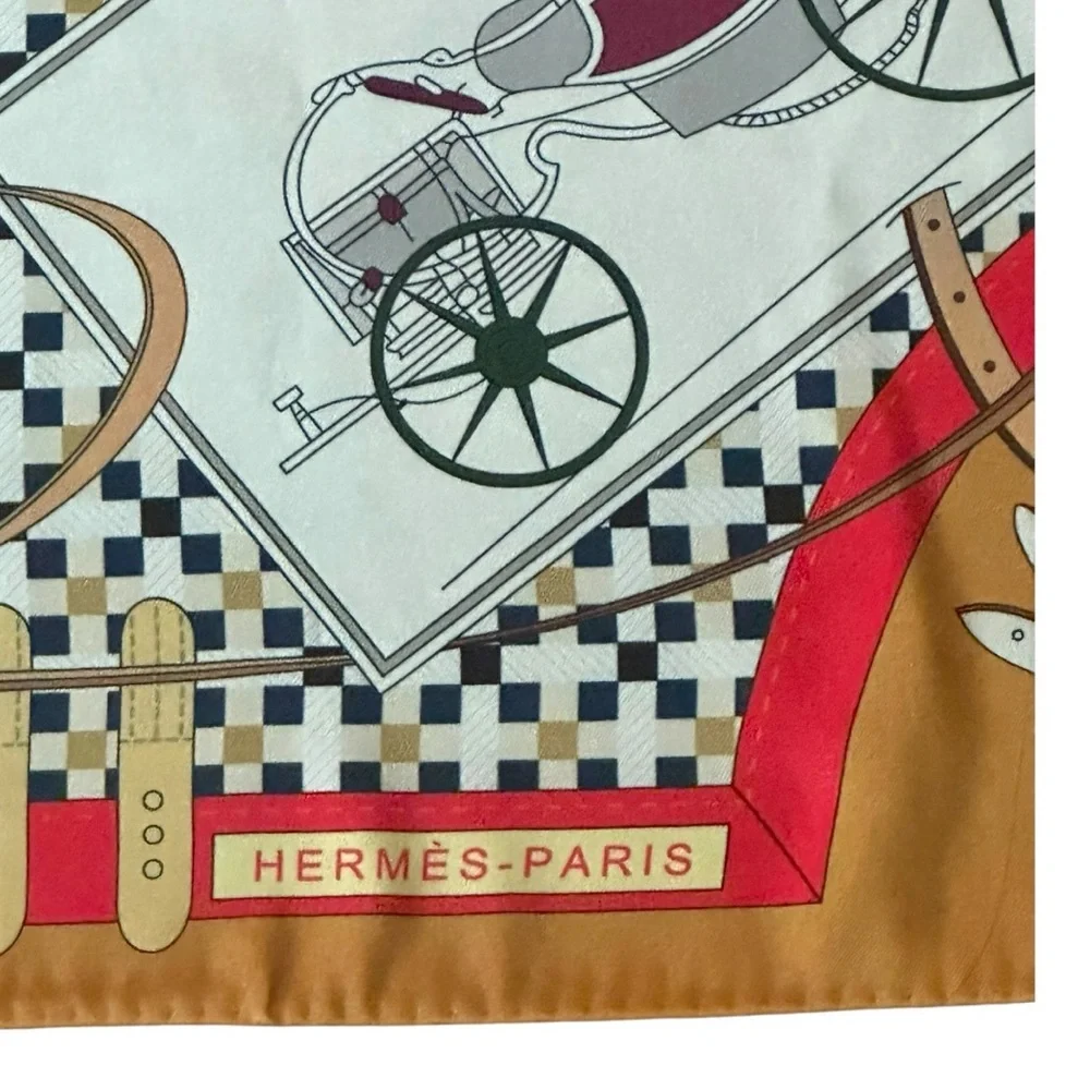 Hermès “Les Voitures Nouvelles” Silk Carré 90 Scarf Gold Brown Red Carriage - Picture 6 of 13